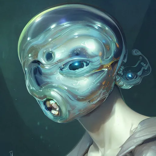 Image similar to transparent goo with a mouth and eyes, it have round burning bomb inside, highly detailed, digital painting, artstation, concept art, matte, sharp focus, illustration, art by Artgerm and Greg Rutkowski and Alphonse Mucha