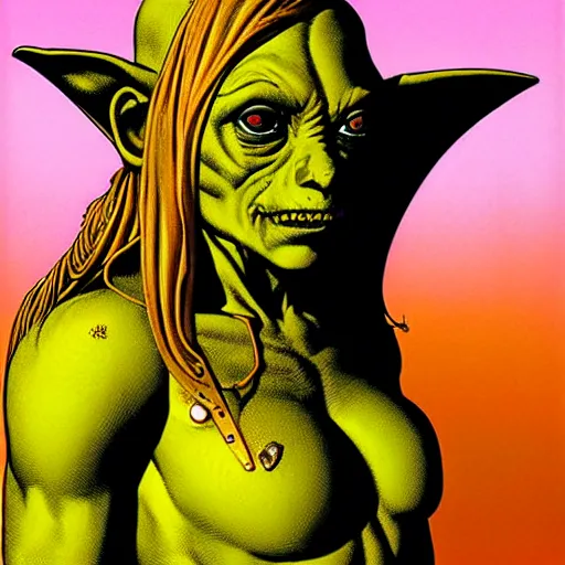 Image similar to portrait of ethereal young goblin princess in golden armour by Richard Corben