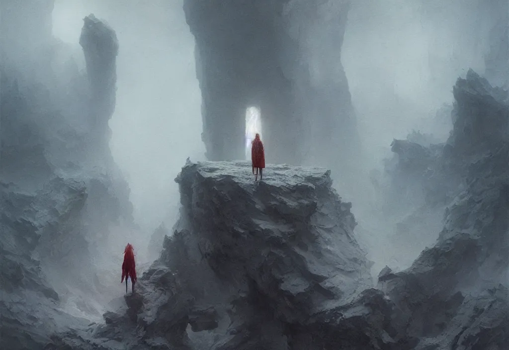 Image similar to she peers into the abyss and sees the abyss looking back at her, dramatic cinematic lighting, smooth, sharp details, intricate, sad and powerful painting by beksinski and ruan jia and greg rutkowski and android jones