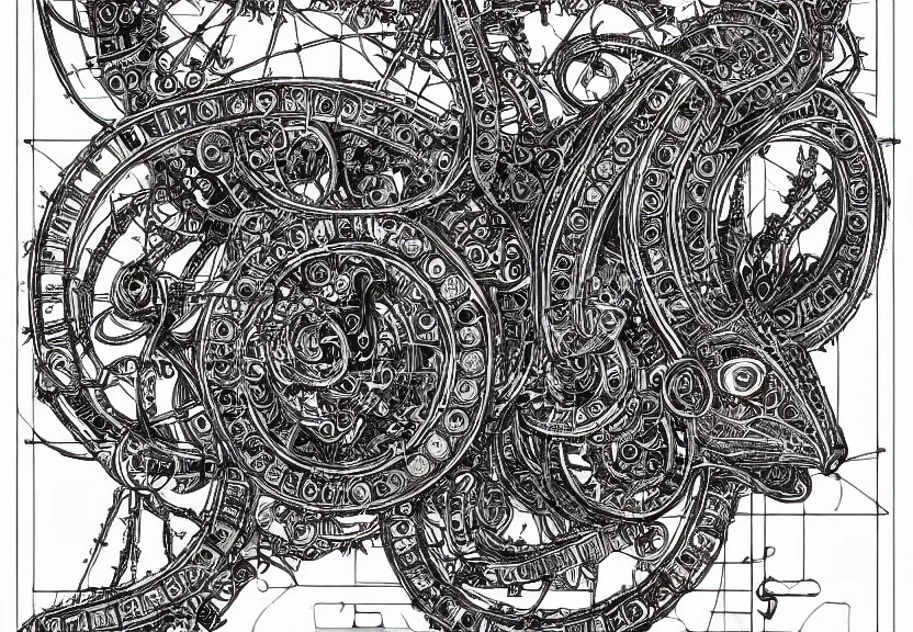 Image similar to small schematic blueprint of highly detailed ornate filigreed convoluted ornamented elaborate cybernetic rat, centered composition, art by da vinci