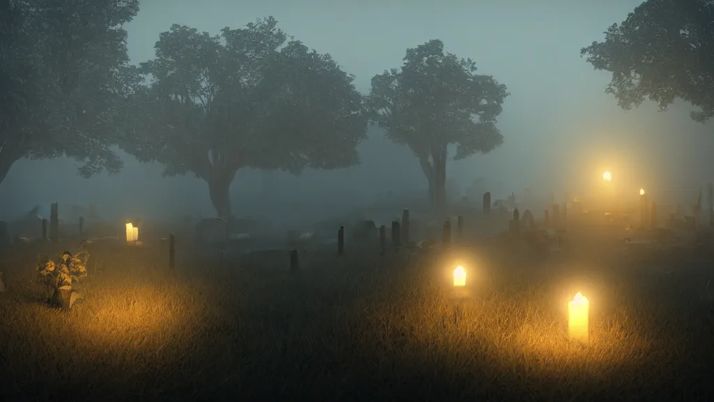 Prompt: misty graveyard at night with skeletons and candles, dramatic lighting, 8 k uhd, unreal engine, octane render, moon rays, award winning, visually stunning