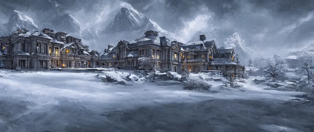 Prompt: “Sci-fi Concept art of a mansion in the snow. Canadian countryside. Mountains. Lake. Hills. Matte painting, realistic, high detail, 4k”