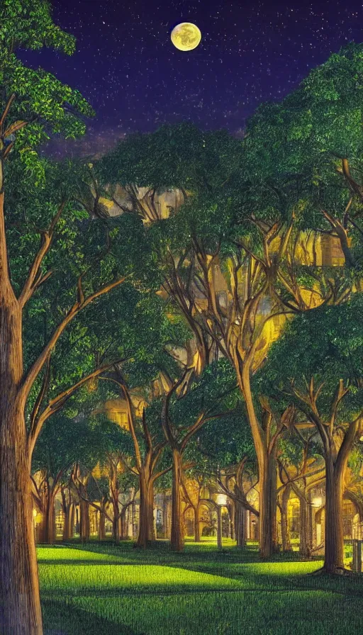 Prompt: a city park at night in Merida Yucatan Mexico with Ceiba trees and a full moon. fantasy illustration