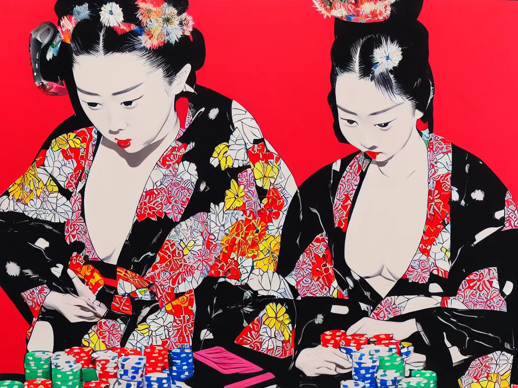 Image similar to hyperrealism composition of the detailed woman in a japanese kimono sitting at an extremely detailed poker table with darth vader, fireworks on the background, pop - art style, jacky tsai style, andy warhol style, acrylic on canvas