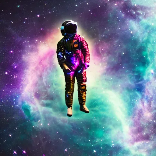 Image similar to modern double exposure monochrome spacesuit over a brilliant iridescent nebula.