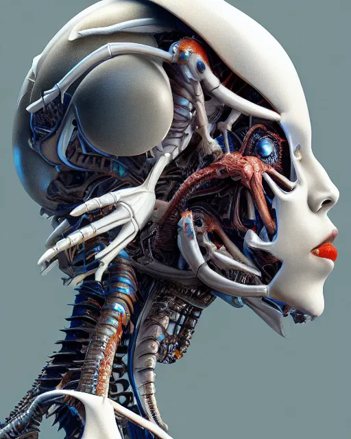 Image similar to rei ayanami by roger dean, by hr giger, biomechanical, profile portrait, hyper detailed, hyperrealism, deviantart, artstation, 4 k, highly detailed, vray rendering, unreal engine