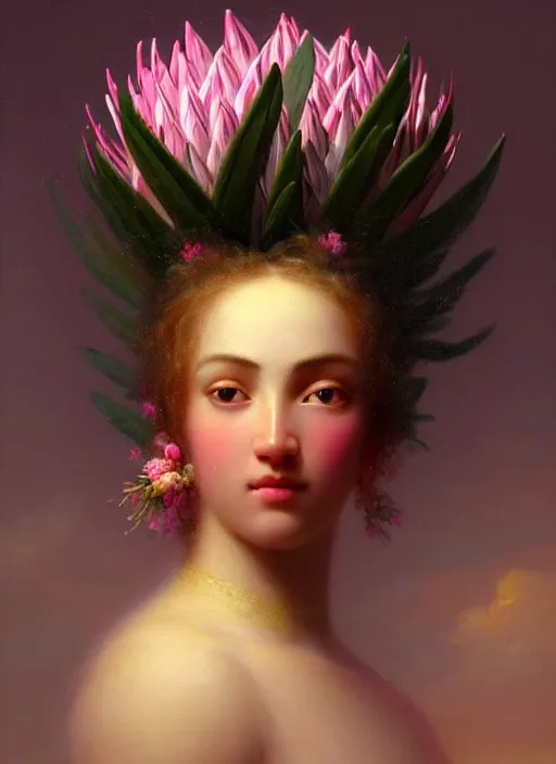 Image similar to stunning mexican godess, detailed pink and white protea head peace against a black backdrop by ivan aivazovsky, wlop, oil painting, beautiful soft lighting, muted colours, artstation