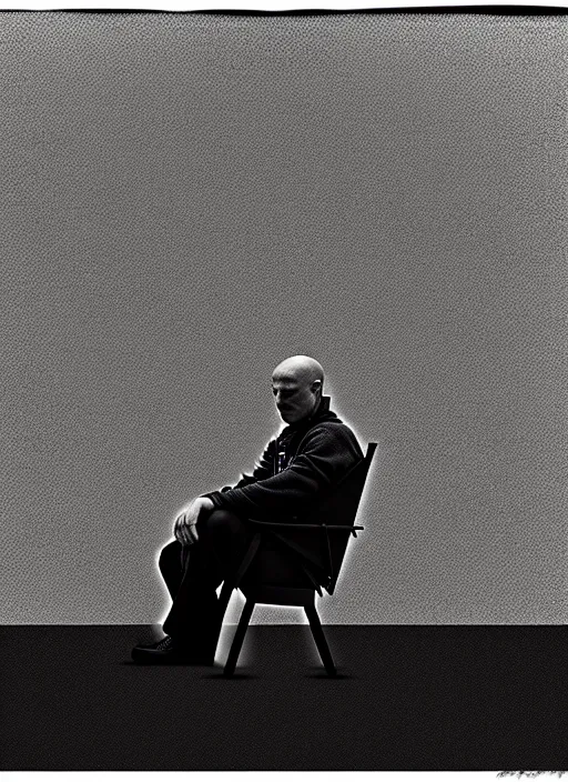 Image similar to (((habitat 67 on fire))), portrait of a lone man sitting in a chair, Mads Berg, Karolis Strautniekas, James Yang, Brutalism, Constructivist, film noir, stippled light, dramatic lighting,editorial illustration, detailed, matte print, dark orange black white red