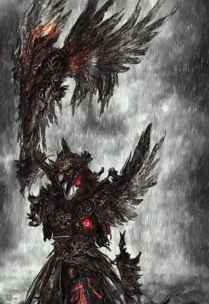 Image similar to a samurai mask worn by an angel with very big wings and a flaming sword standing in the rain, digital art, concept art, deviantart. highly detailed