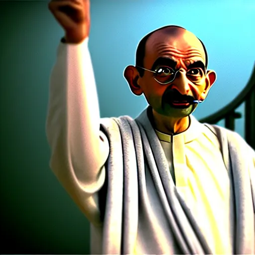 Image similar to mr. bean as mahatma ghandi. movie still. cinematic lighting.