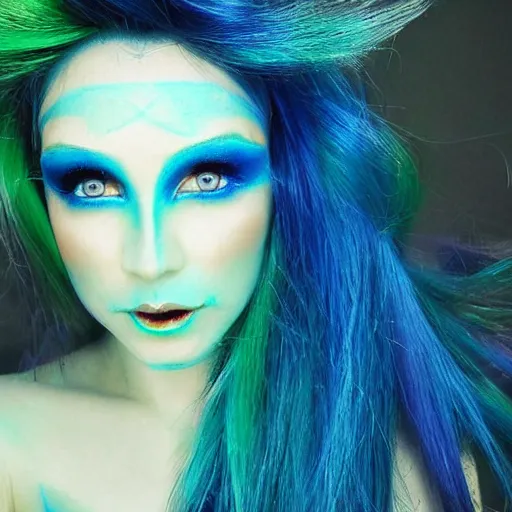 Prompt: Elf with blue skin, blue elf, blue, blue-skinned elf, green hair, glam hair, 80s hair, glam make up