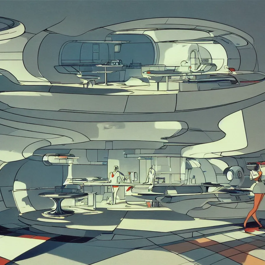 Image similar to concept art of jetsons cartoon scenario of a futuristic house, painted by syd mead