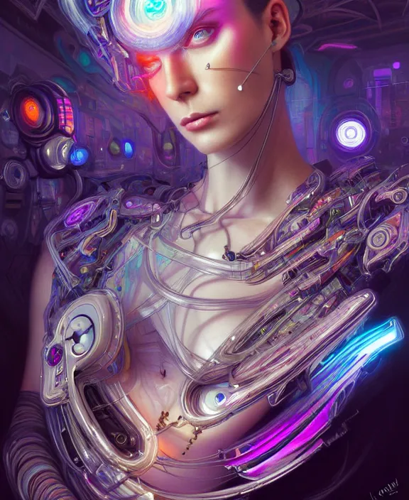 Image similar to a whirlwind of souls rushing inside the metaverse, hologram, half body, neurochip, shaved temple, piercing, jewelry, android, cyborg, cyberpunk face, by loish, d & d, fantasy, intricate, elegant, highly detailed, colorful, digital painting, artstation, concept art, art by artgerm and greg rutkowski and alphonse mucha