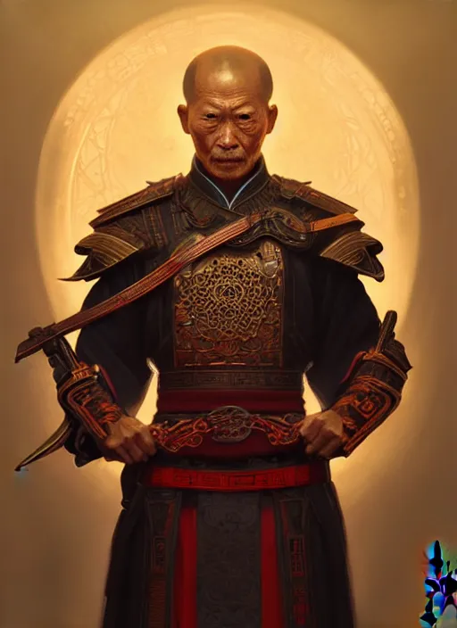 Image similar to symmetry!! portrait of old chinese warrior, tech wear, glowing lights!! intricate, elegant, highly detailed, digital painting, artstation, concept art, smooth, sharp focus, illustration, art by artgerm and greg rutkowski and alphonse mucha