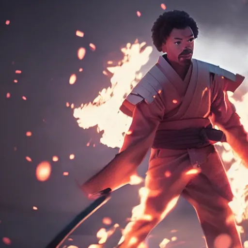 Image similar to cinematic film still of Chance The Rapper starring as a Samurai holding fire, Japanese CGI, VFX, 2022, 40mm lens, shallow depth of field, film photography