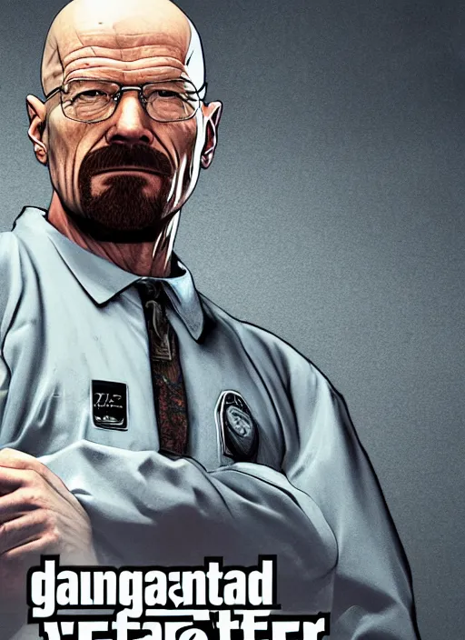 Prompt: walter white behind prison bars, gta 5 game poster