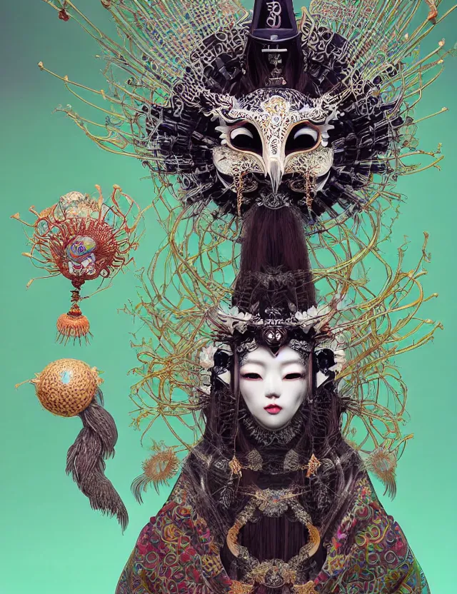 Image similar to goddess portrait with mask and crown made of ram skull. beautiful intricately detailed japanese crow kitsune mask and clasical japanese kimono. betta fish, jellyfish phoenix, bioluminescent, plasma, ice, water, wind, creature, super intricate ornaments artwork by tooth wu and wlop and beeple and greg rutkowski