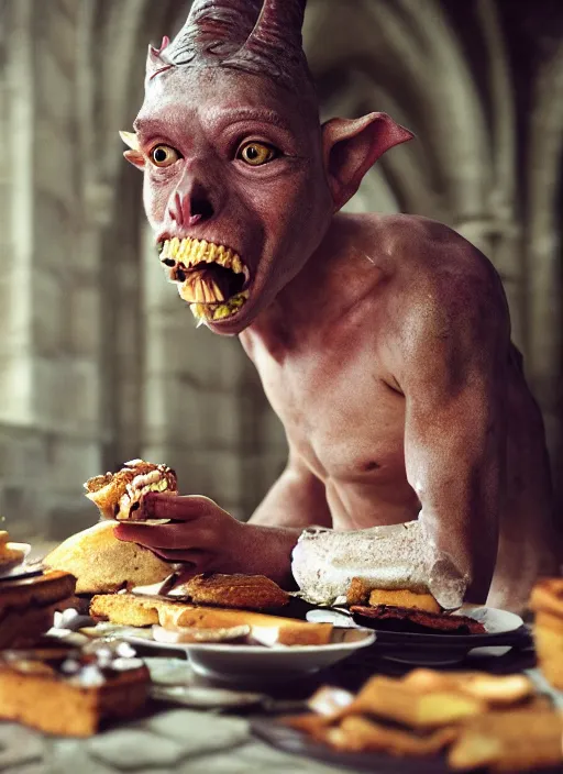 Image similar to closeup portrait of a medieval goblin eating cakes in the abbey, depth of field, zeiss lens, detailed, symmetrical, centered, fashion photoshoot, by annie leibovitz and steve mccurry, david lazar, jimmy nelsson, breathtaking, 8 k resolution, extremely detailed, beautiful, establishing shot, artistic, hyperrealistic, beautiful face, octane render