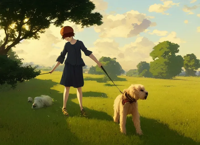 Prompt: france 1 9 2 0's, young adult playing with a goldendoodle dog on a green meadow, golden hour, finely detailed perfect art, gapmoe yandere grimdark, trending on pixiv fanbox, painted by greg rutkowski makoto shinkai takashi takeuchi studio ghibli