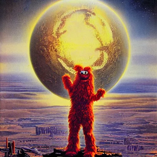 Image similar to elmo in the style of a 7 0 s science fiction novel cover, highly detailed, bruce pennington, peter jones