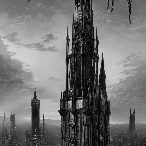 Prompt: an ultra detailed black and white tarot card of a lonely and impossibly tall ominous gothic dark tower elevated high above the city, in a river elevated high above the city, fantasy capital city, ultrawide lense, aerial photography, volumetric lighting, exquisite detail, 8 k, art by greg rutkowski and alphonse mucha