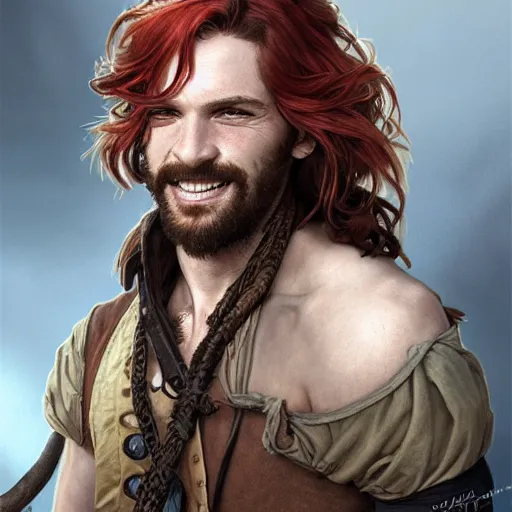 Prompt: portrait of a young ruggedly handsome but cantankerous pirate, male, masculine, upper body, red hair, long hair, d & d, fantasy, giddy smirk, intricate, elegant, highly detailed, digital painting, artstation, concept art, matte, sharp focus, illustration, art by artgerm and greg rutkowski and alphonse mucha