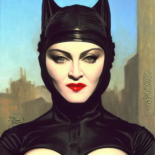 Image similar to Painting of Madonna as Catwoman from Batman Returns. Art by william adolphe bouguereau. During golden hour. Extremely detailed. Beautiful. 4K. Award winning.