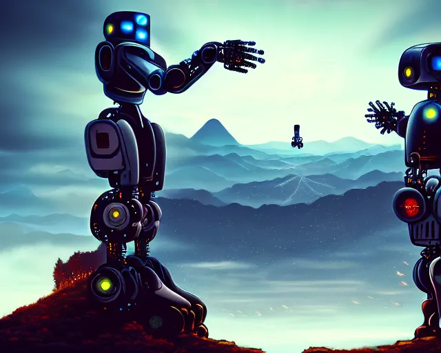 Image similar to two futuristic Sci-Fi robot fighting each other, landscape, Cyberpunk, Steampunk, close up, cloudy, mountains on background, peaceful day