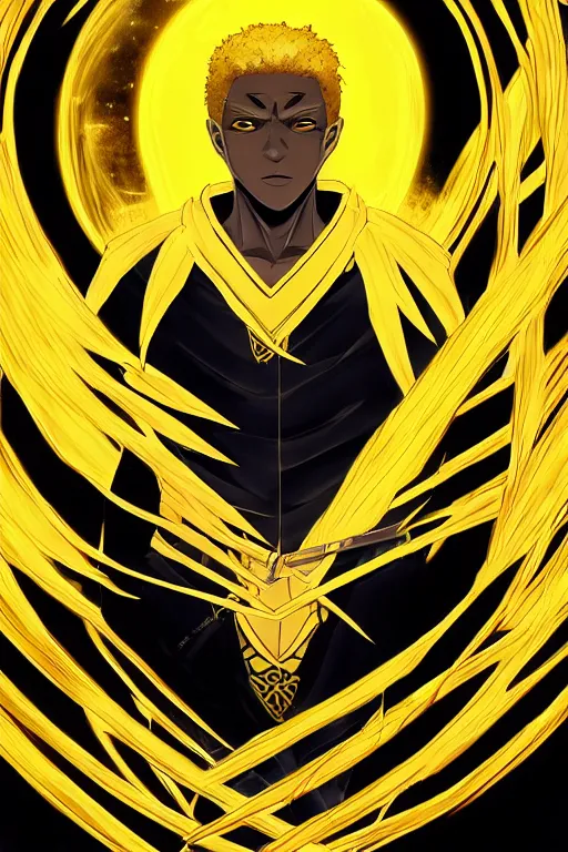 Prompt: glowing black male anime character, golden hair, yellow eyes, symmetrical, face picture, portrait, highly detailed, digital art, sharp focus, trending on art station, samurai, electricity superpowers, anime art style
