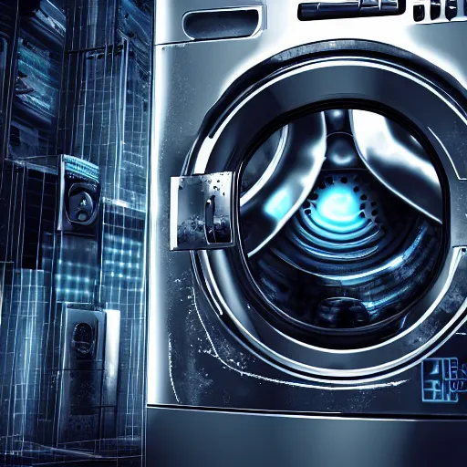 Image similar to a washing machine becoming sentient and rebelling against humanity, cyberpunk, digital art, high detail