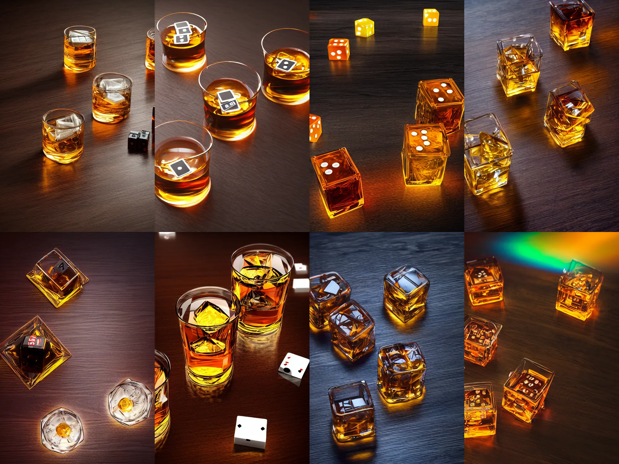 Prompt: dices from color glass and whiskey in two glasses on table, very dark, lots of dices everywere, night lights, 8 k realistic, hyperdetailed, beautiful lighting, detailed background, volume lights, rays of light, smoke, dof, macro, corona render, redshift render, warm color, wood, chroma color, colorfull