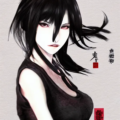 Prompt: heroine, beautiful, sui ishida with black hair art manga, hyperrealistic, highly detailed, a real photographic, digital art, 8 k, character, realistic, portrait, female samurai, symatrical, dark atmospheric lighting, artstation, symetric, lineart