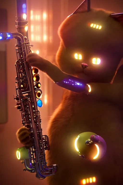 Prompt: high quality 3 d render very cute cyborg! cat plays saxophone, cyberpunk highly detailed, unreal engine cinematic smooth, in the style of blade runner & detective pikachu, hannah yata charlie immer, moody light, low angle, uhd 8 k, sharp focus