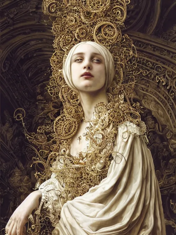 Prompt: a beautiful render of baroque catholic veiled the white queen sculpture with symmetry intricate detailed,by Lawrence Alma-Tadema, peter gric,aaron horkey,Billelis,trending on pinterest,hyperreal,jewelry,gold,intricate,maximalist,golden ratio,cinematic lighting