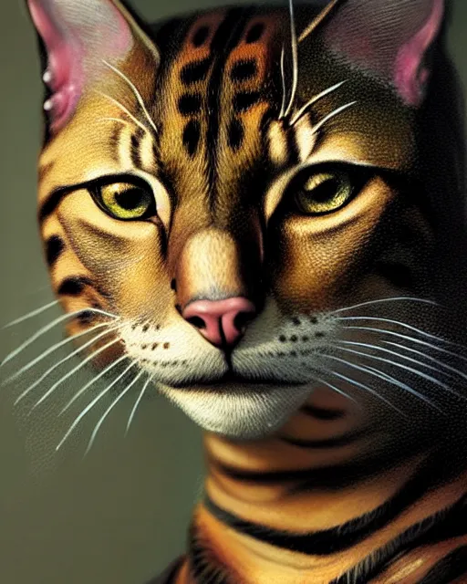 Image similar to bengal cat, character portrait, portrait, close up, concept art, intricate details, highly detailed by greg rutkowski, michael whelan and gustave dore