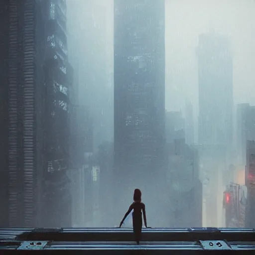 Image similar to “ girl standing on a roof looking down at a foggy futuristic new york city below, ghostpunk, blade runner, cyberpunk, brutalist, very detailed, anime, manga ”