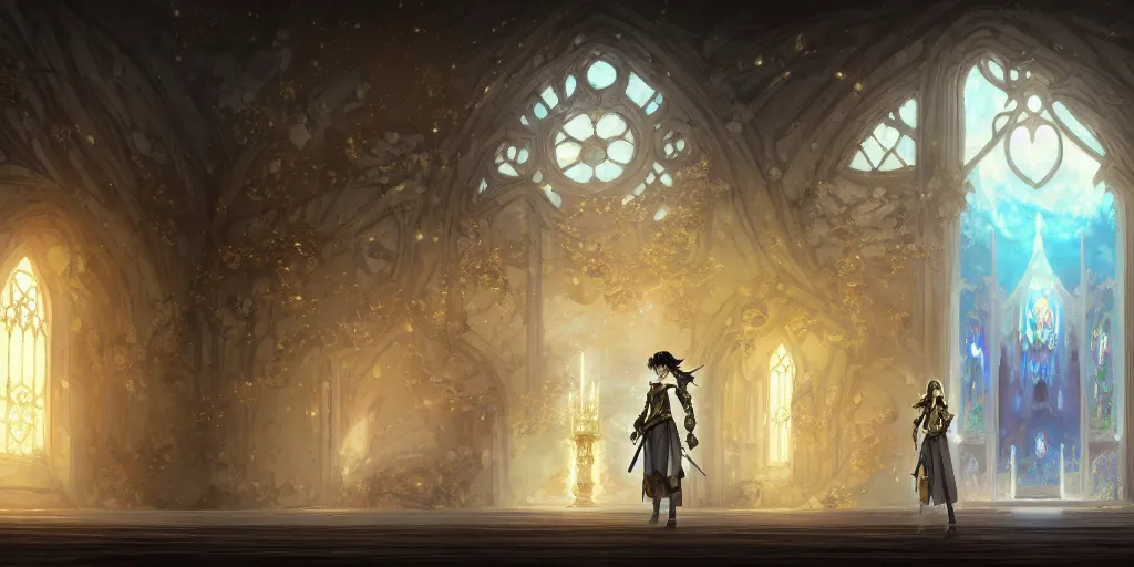 Image similar to baroque acrylic palette knife, key visual concept art, rustic grand stone chapel with anime female knight standing in the doorway wearing silver armor gold trim, brutalist fantasy, rule of thirds golden ratio, fake detail, trending pixiv fanbox, style of makoto shinkai ghibli takashi takeuchi yoshiyuki sadamoto jamie wyeth james gilleard greg rutkowski chiho aoshima