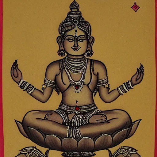 Image similar to four armed indian goddess lakshmi sitting on a lotus, minimalistic style