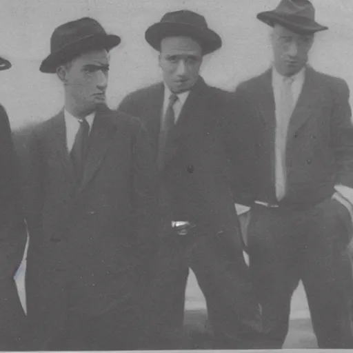 Image similar to gang of 5 men, highly detailed face, gangster style photograph