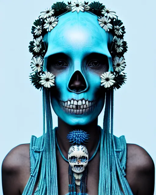 Prompt: hyperrealistic award winning photo of a tribal cyberpunk woman wearing ivory carved skull as helmet with blue and white flowers growing out of the skull by beeple