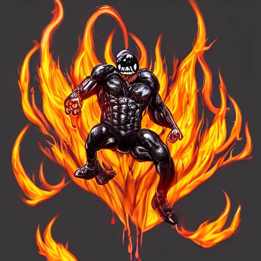 Prompt: Digital art of Venom slam dunking with flames coming from the basket, trending on Artstation