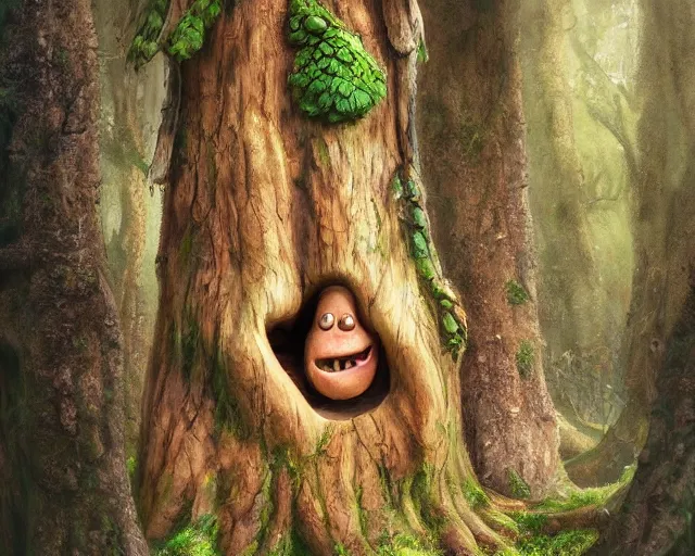 Image similar to a talking tree, a smiling face in the bark, nose made of wood, mouth in the bark, fantasy concept art, oil painting, hyperrealistic, highly detailed, artstation, cgsociety, in the forest