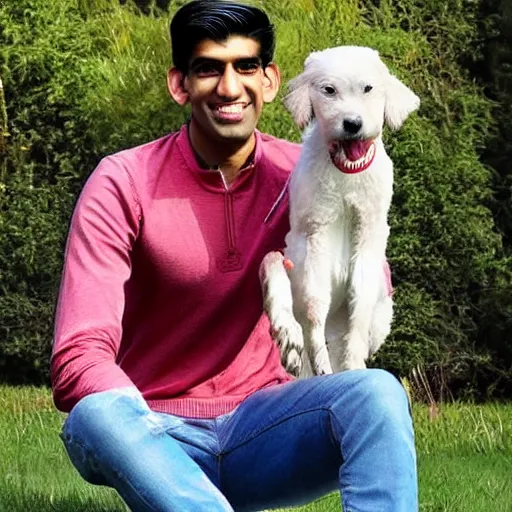 Image similar to rishi sunak holding a dog, photorealistic