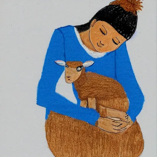 Image similar to a lamb with a blue knitted sweater hugging his mom, children's book drawing