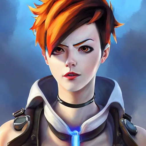 Image similar to oil painting of tracer overwatch in a field wearing spiked collar around neck, in style of artgerm, expressive face, wearing choker, steel collar, steel choker, wearing collar on neck, detailed face, detailed eyes, full body, feminine face, tracer overwatch,