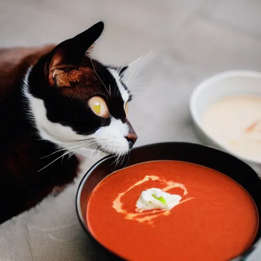 Image similar to a cat sitting on a bowl with tomato soup, professional photography