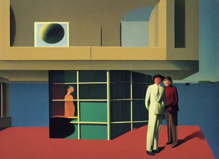 Image similar to two peculiar people with distinct personalities interacting in am urban setting, close - up of the faces : : surreal 7 0's architecture with an open ceiling, absurd designfurniture : : surrealist oil painting by edward hopper, francis bacon, dora maar and rene magritte