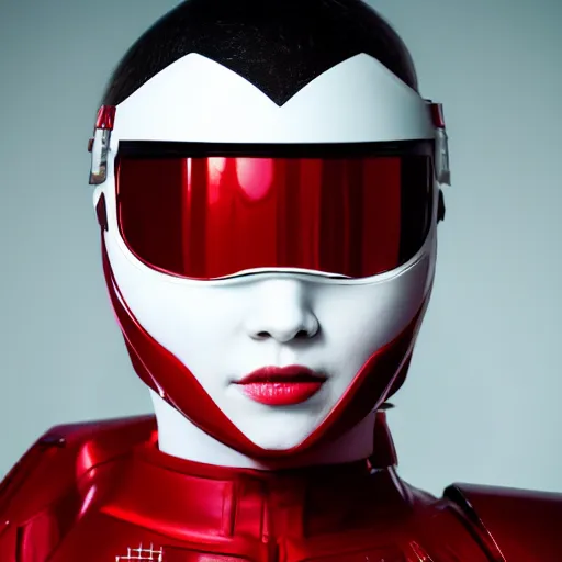 Image similar to headshot of an beautiful female soldier in glossy sleek white armor with tiny red details and a long red cape, downward angle, determined expression, on the surface of mars, night time, dramatic lighting, cinematic, sci-fi, hyperrealistic