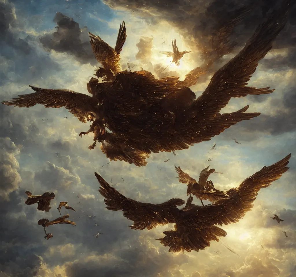 Prompt: 3 d render of icarus falling from the sky by greg rutkowski, on a round baroque frame, wing made of gold, starts, windy, cranes, cg society, maximalist fashion, hyper detailed, dramatic, epic painting, sunset clouds, 8 k