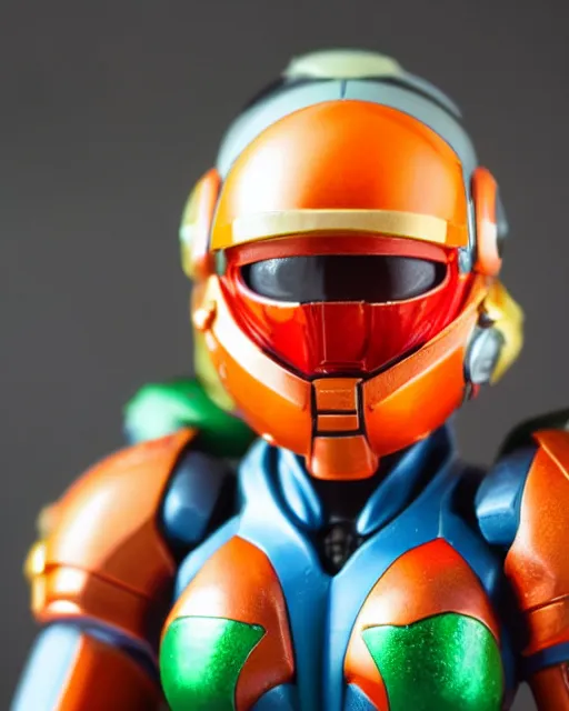 Image similar to helmet portrait of a figurine of samus aran's varia suit from the sci - fi nintendo videogame metroid. glossy. red round helmet, orange shoulder pads, green visor. shallow depth of field. suit of armor.